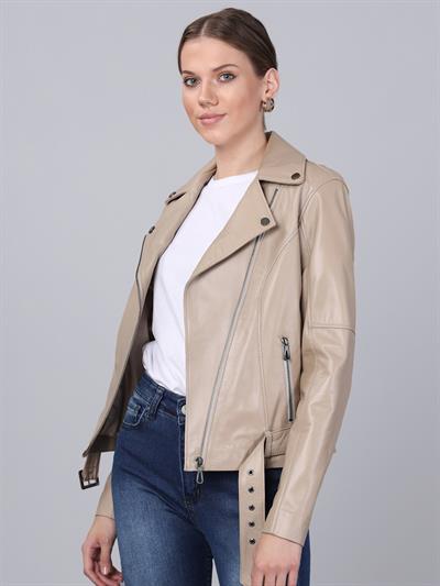 Basics And More Basics&More Women Biker Beige Leather Jacket - BM01