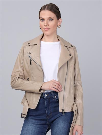 Basics And More Basics&More Women Biker Beige Leather Jacket - BM01