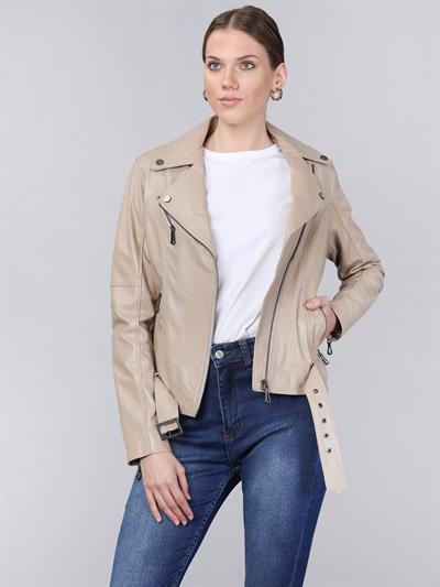 Basics And More Basics&More Women Biker Beige Leather Jacket - BM01