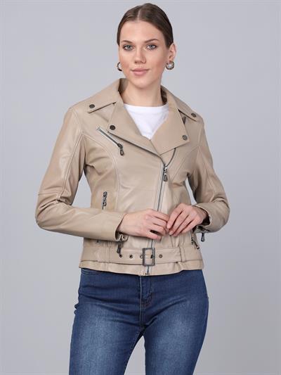 basics and more Basics&More Women Biker Beige Leather Jacket - BM01
