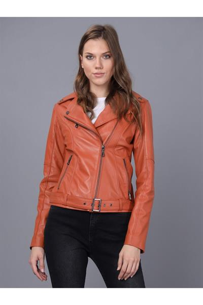 Basics And More Basics&More Women Biker Belted Tile Leather Jacket