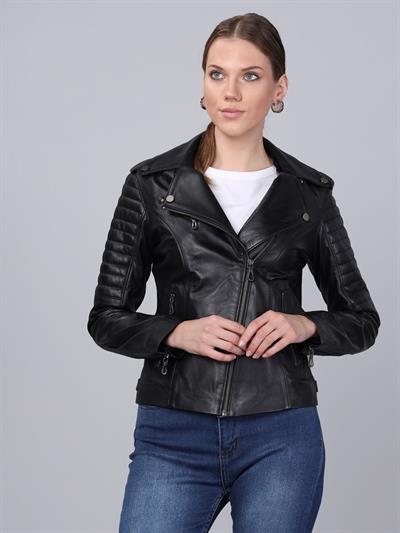 basics and more Basics&More Women Biker Black Leather Jacket - BM02