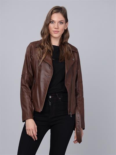 Basics And More Basics&More Women Biker Brown Leather Jacket - BM01