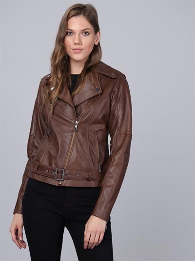 basics and more Basics&More Women Biker Brown Leather Jacket - BM01