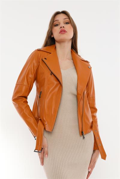 Basics And More Basics&More Women Biker Camel Leather Jacket - BM01