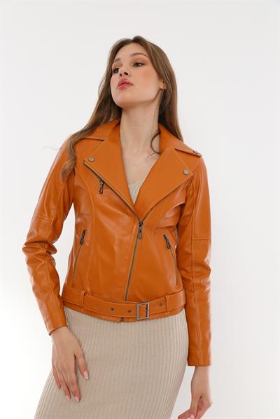 basics and more Basics&More Women Biker Camel Leather Jacket - BM01