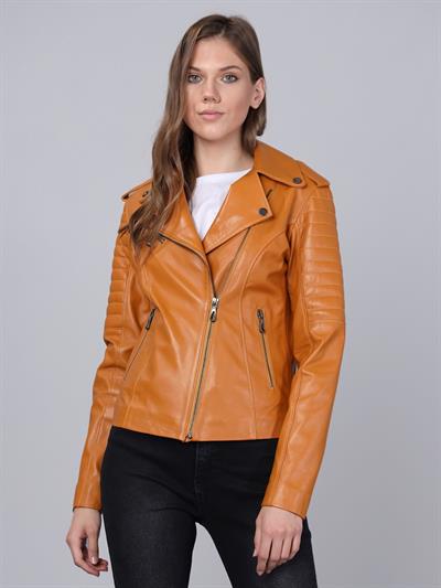 basics and more Basics&More Women Biker Camel Leather Jacket - BM02