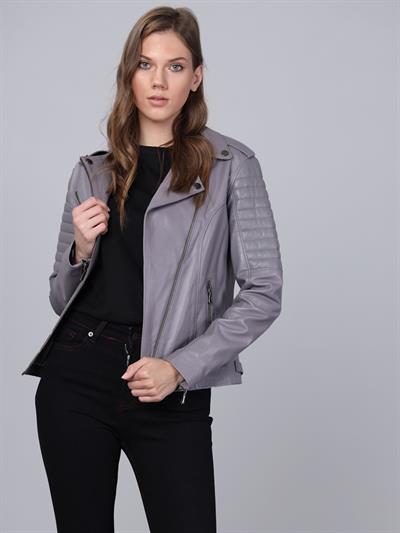 Basics And More Basics&More Women Biker Grey Leather Jacket - BM02