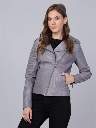 basics and more Basics&More Women Biker Grey Leather Jacket - BM02