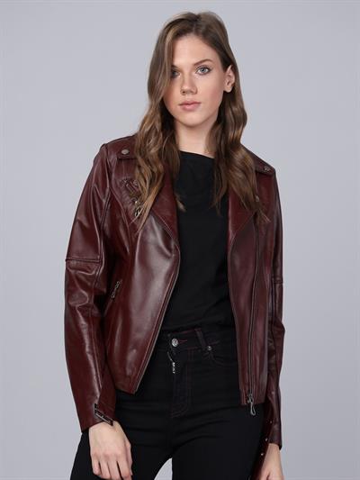 Basics And More Basics&More Women Biker Plum Leather Jacket - BM01