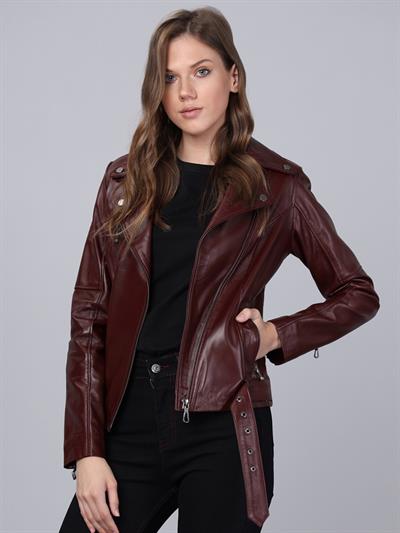 Basics And More Basics&More Women Biker Plum Leather Jacket - BM01