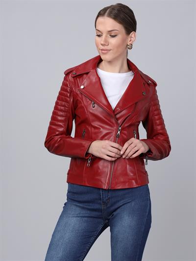 basics and more Basics&More Women Biker Red Leather Jacket - BM02
