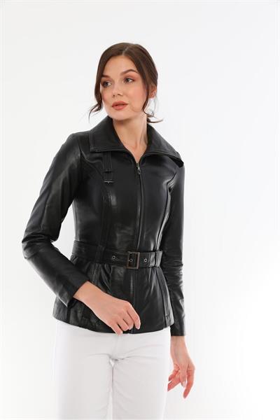Basics And More Basics&More Women Black Leather Jacket With Waist Belt - AZRA