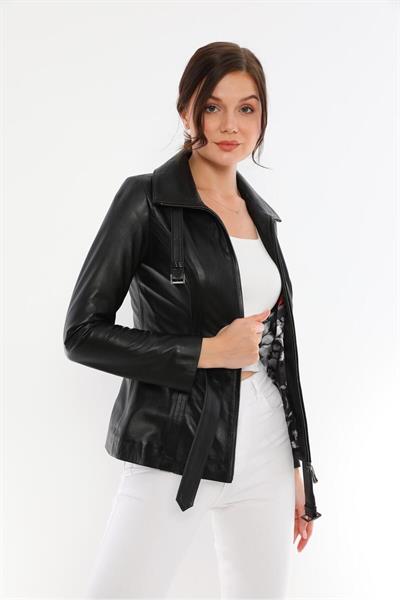 basics and more Basics&More Women Black Leather Jacket with Waist Belt - AZRA