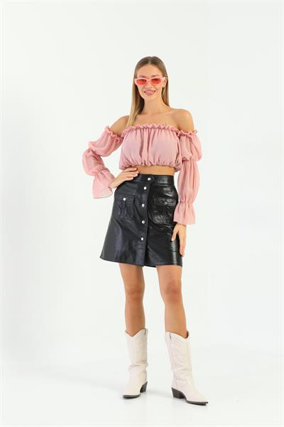 Basics And More Basics&More Women Black Leather Skirt With Pockets - SK06