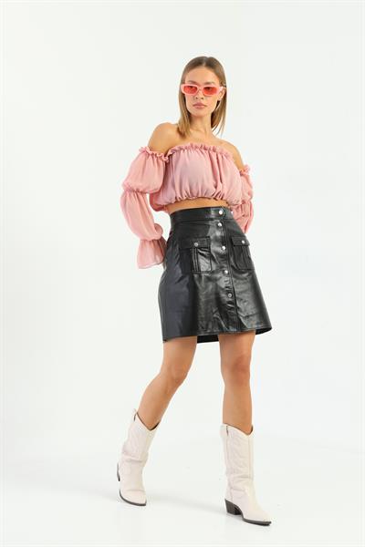 Basics And More Basics&More Women Black Leather Skirt With Pockets - SK06