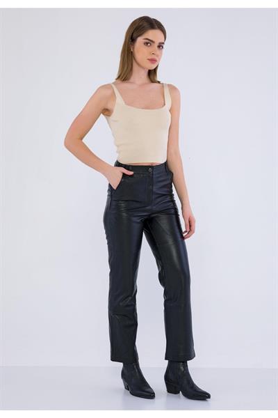 Basics And More Basics&More Women Black Leather Trousers With Side Pockets - P03