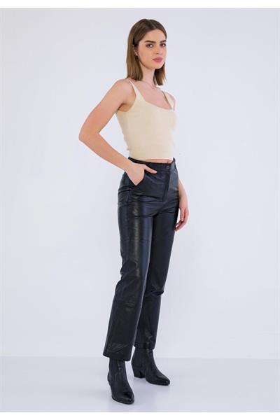 Basics And More Basics&More Women Black Leather Trousers With Side Pockets - P03