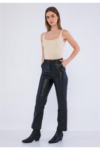 Basics And More Basics&More Women Black Leather Trousers With Side Pockets - P03
