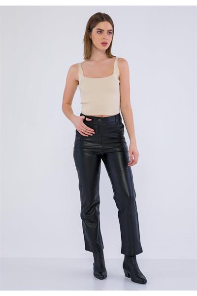 basics and more Basics&More Women Black Leather Trousers with Side Pockets - P03