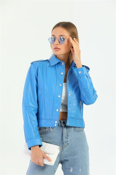 Basics And More Basics&More Women Blue Leather Jacket With Quilted Buttons - KENDALL