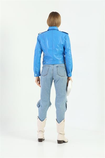 Basics And More Basics&More Women Blue Leather Jacket With Quilted Buttons - KENDALL