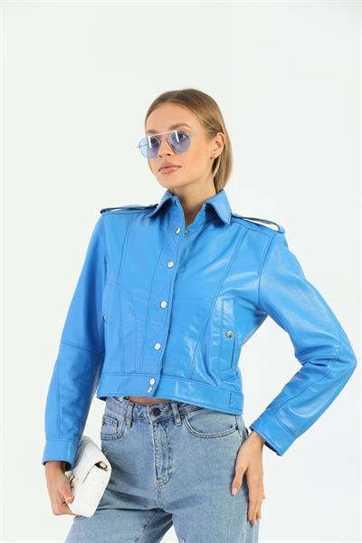 basics and more Basics&More Women Blue Leather Jacket with Quilted Buttons - KENDALL