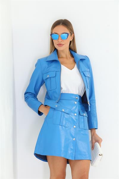 Basics And More Basics&More Women Blue Leather Skirt With Pockets - SK06