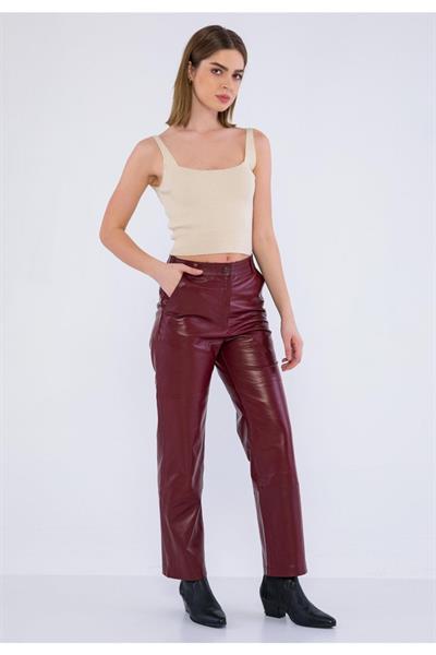 Basics And More Basics&More Women Burgundy Leather Trousers With Side Pockets - P03