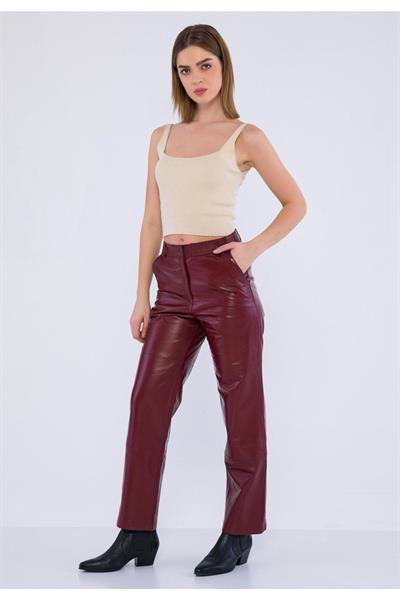 Basics And More Basics&More Women Burgundy Leather Trousers With Side Pockets - P03