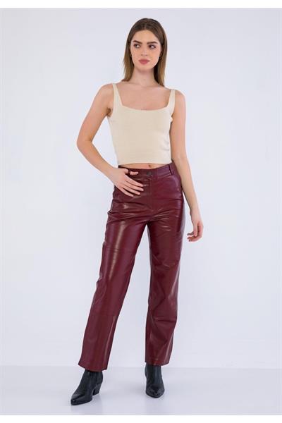 basics and more Basics&More Women Burgundy Leather Trousers with Side Pockets - P03