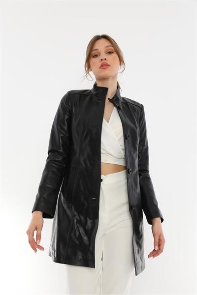 Basics And More Basics&More Women Buttoned Black Leather Jacket - B105