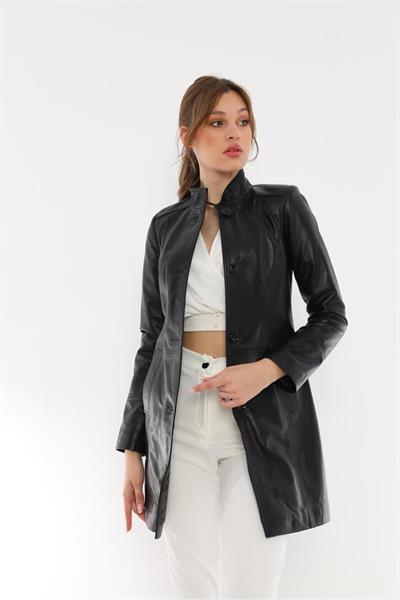 Basics And More Basics&More Women Buttoned Black Leather Jacket - B105