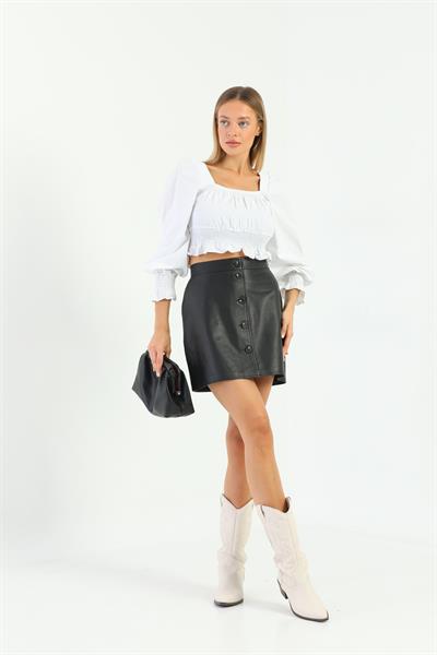 Basics And More Basics&More Women Buttoned Black Leather Skirt - SK07