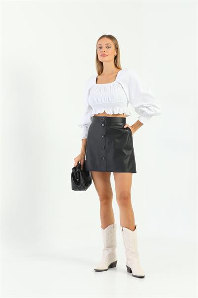 basics and more Basics&More Women Buttoned Black Leather Skirt - SK07 basics and more Basics&More Women Buttoned Black Leather Skirt - SK07
