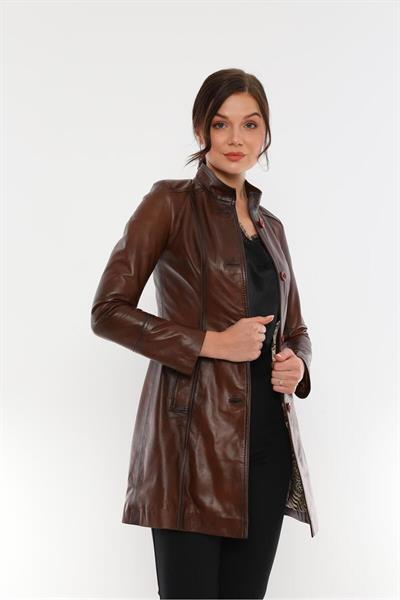 Basics And More Basics&More Women Buttoned Chestnut Leather Jacket - B105