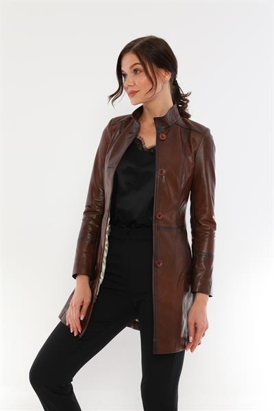 Basics And More Basics&More Women Buttoned Chestnut Leather Jacket - B105