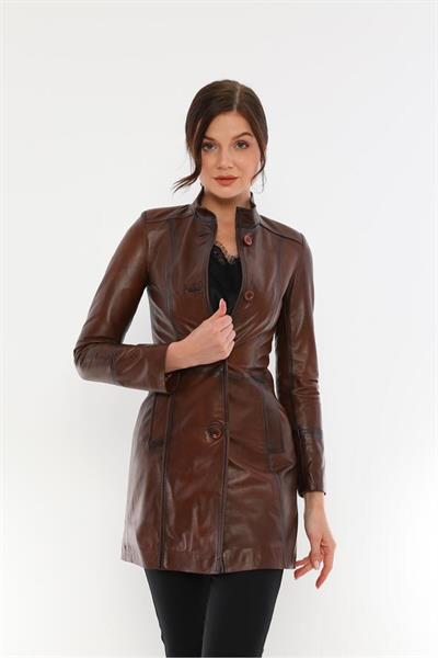 basics and more Basics&More Women Buttoned Chestnut Leather Jacket - B105