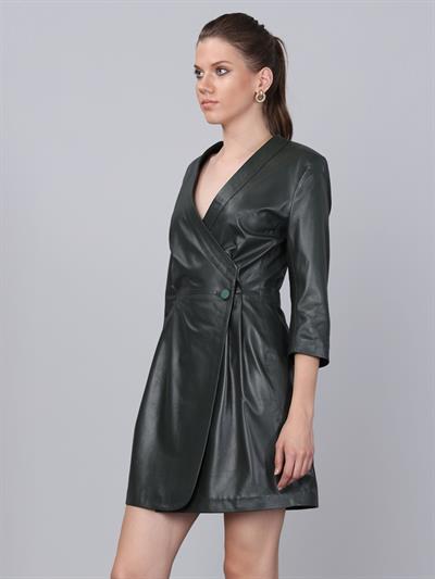 Basics And More Basics&More Women Buttoned Green Leather Dress - DR01