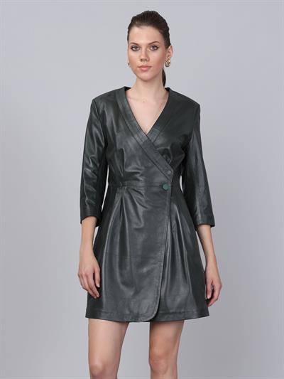 basics and more Basics&More Women Buttoned Green Leather Dress - DR01