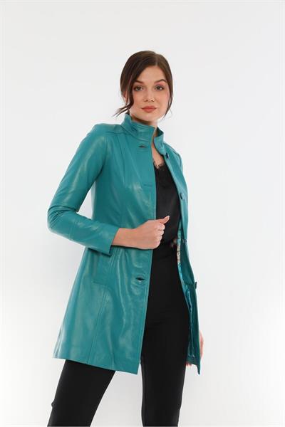 Basics And More Basics&More Women Buttoned Turquoise Leather Jacket - B105