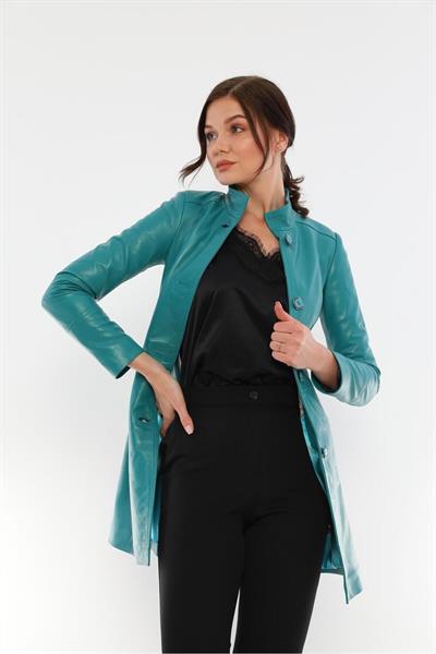 Basics And More Basics&More Women Buttoned Turquoise Leather Jacket - B105