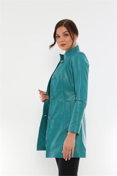 Basics And More Basics&More Women Buttoned Turquoise Leather Jacket - B105