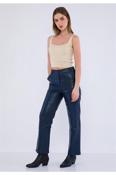 Basics And More Basics&More Women Dark Navy Leather Trousers With Side Pockets - P03