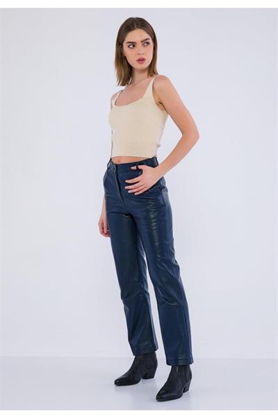 Basics And More Basics&More Women Dark Navy Leather Trousers With Side Pockets - P03