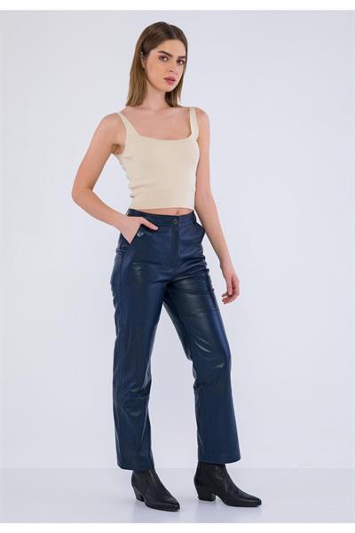 Basics And More Basics&More Women Dark Navy Leather Trousers With Side Pockets - P03