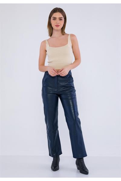 basics and more Basics&More Women Dark Navy Leather Trousers with Side Pockets - P03