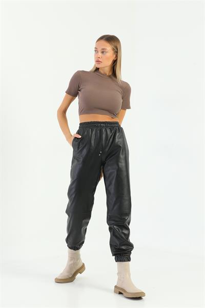 Basics And More Basics&More Women Elasticated Side Pocket Black Leather Trousers - P04