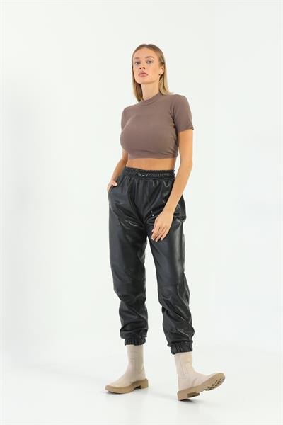 Basics And More Basics&More Women Elasticated Side Pocket Black Leather Trousers - P04