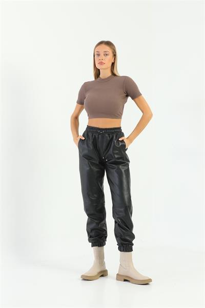 basics and more Basics&More Women Elasticated Side Pocket Black Leather Trousers - P04